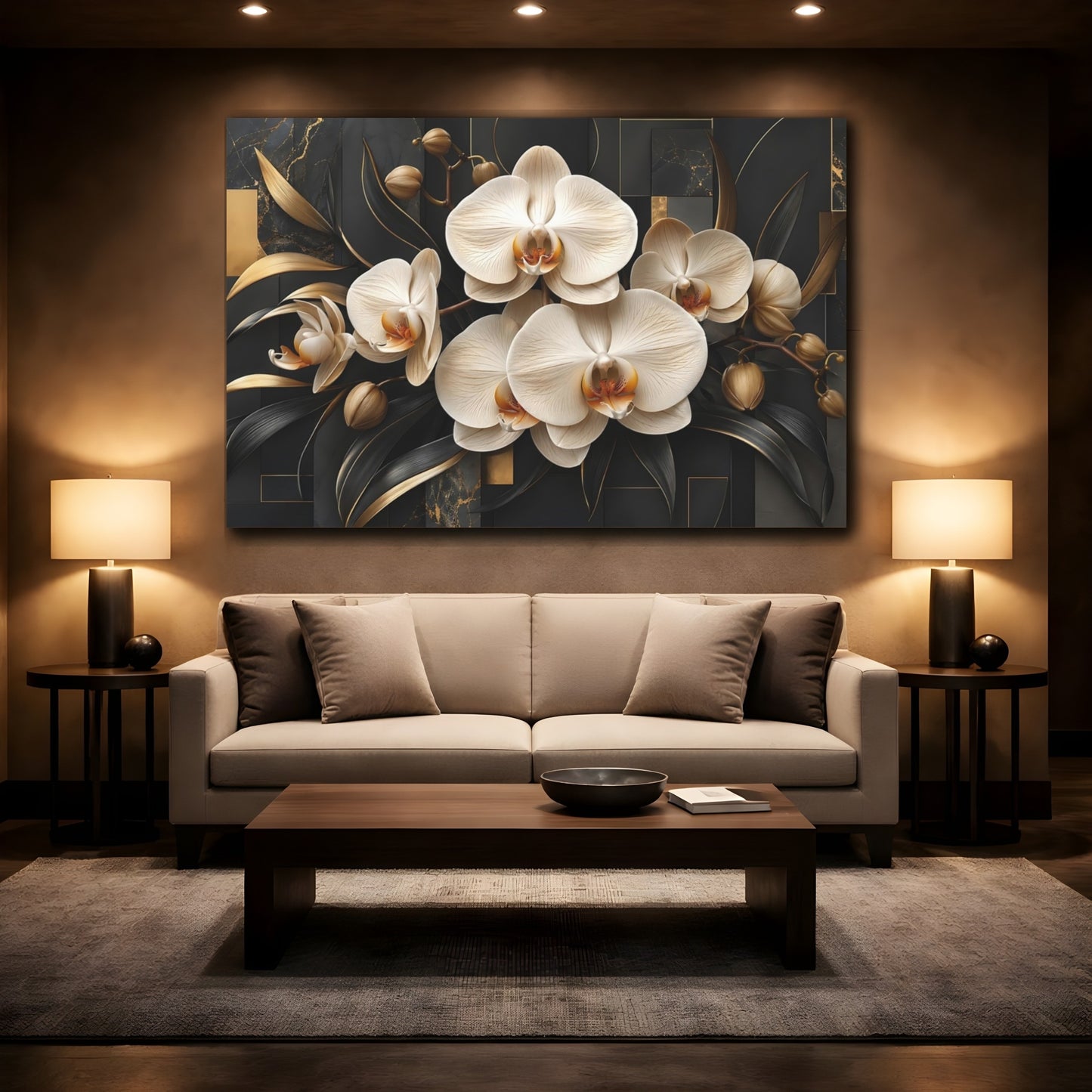 Mockup 2. Floral Orchids Black And Gold shown as stretched canvas wall art