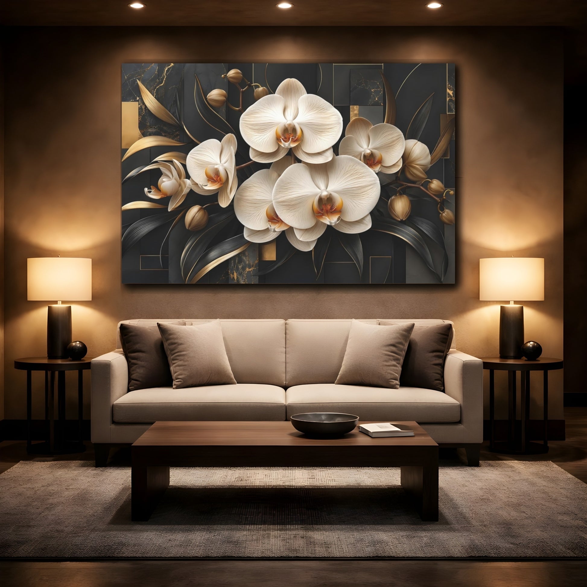 Mockup 2. Floral Orchids Black And Gold shown as stretched canvas wall art