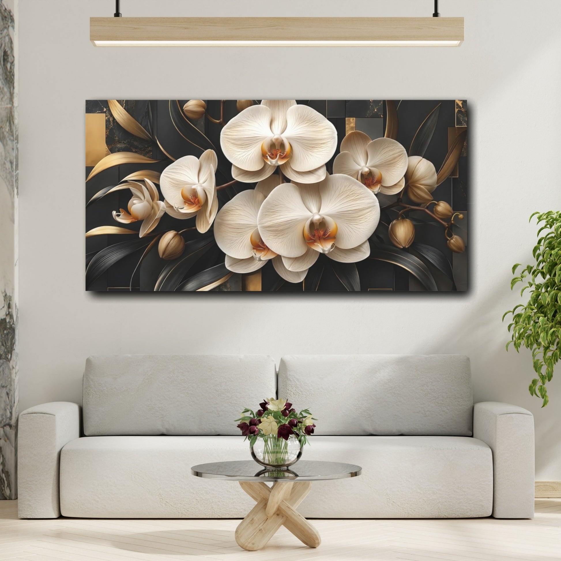 Mockup 3. Floral Orchids Black And Gold shown as stretched canvas wall art