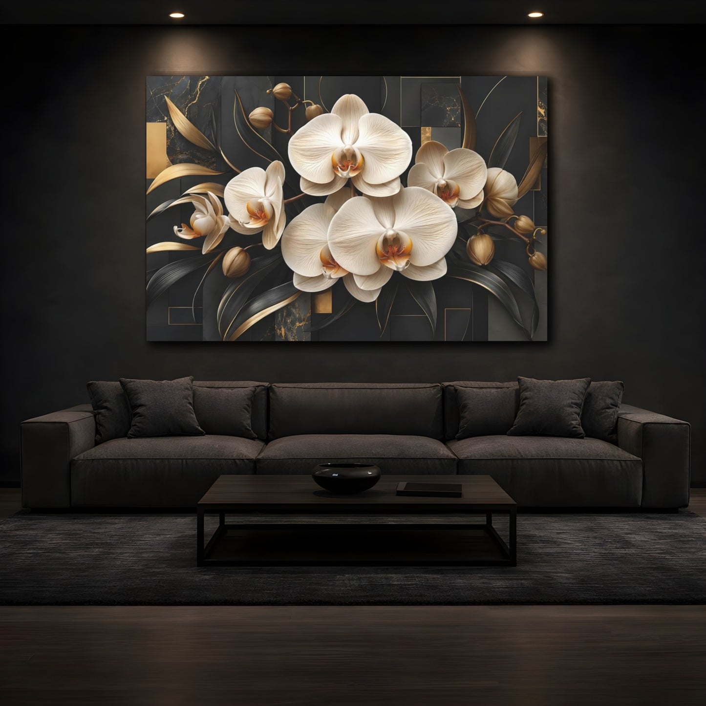 Mockup 3. Floral Orchids Black And Gold shown as stretched canvas wall art