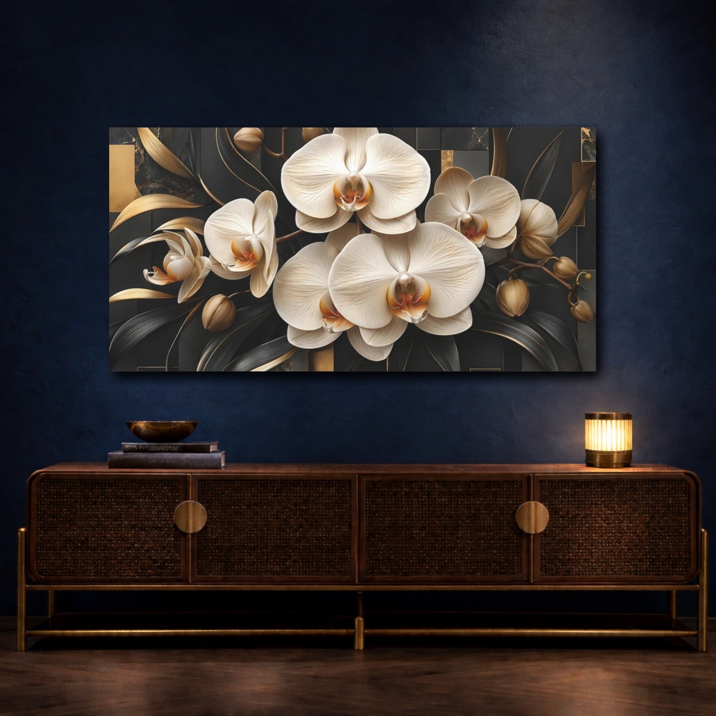 Mockup 4. Floral Orchids Black And Gold shown as stretched canvas wall art