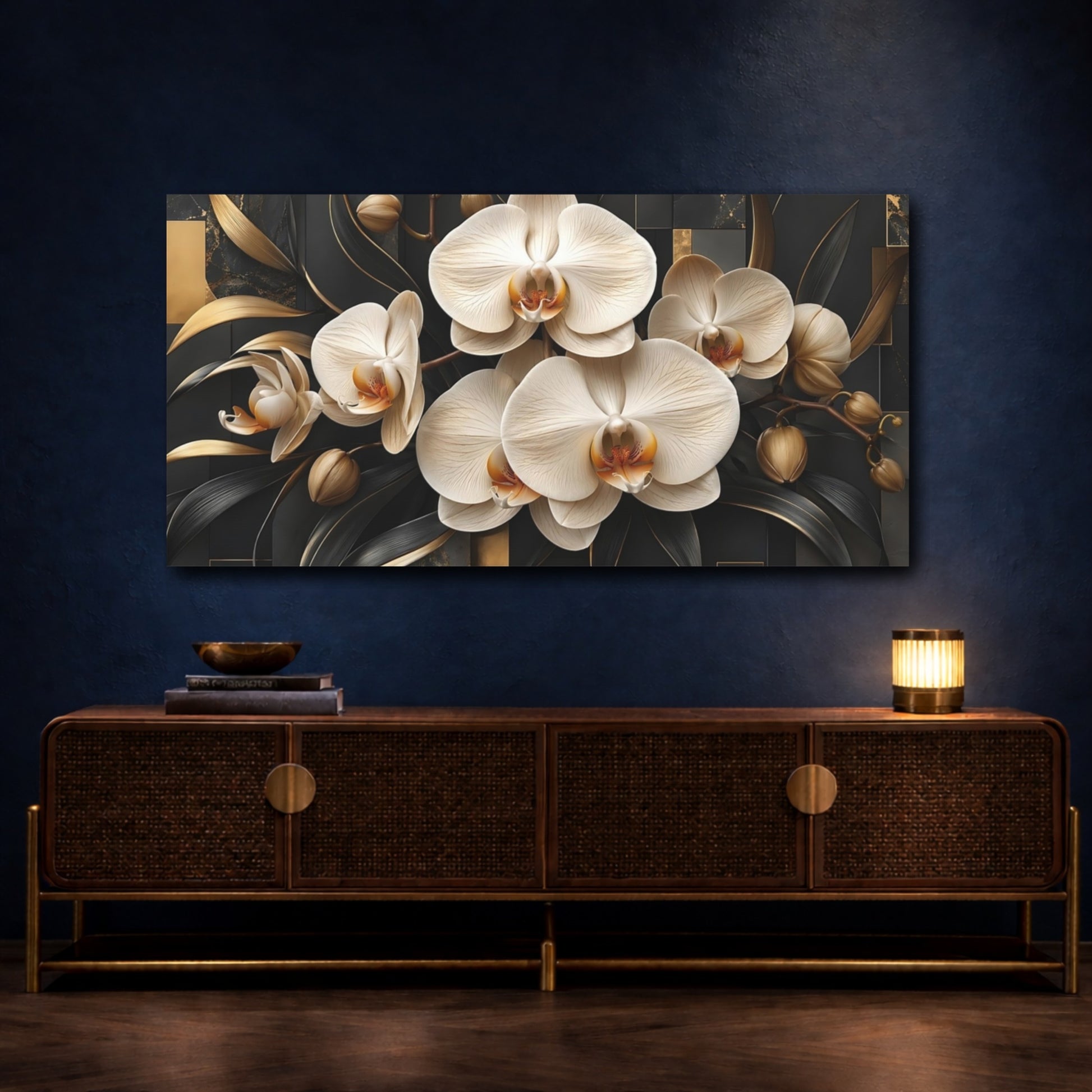 Mockup 4. Floral Orchids Black And Gold shown as stretched canvas wall art
