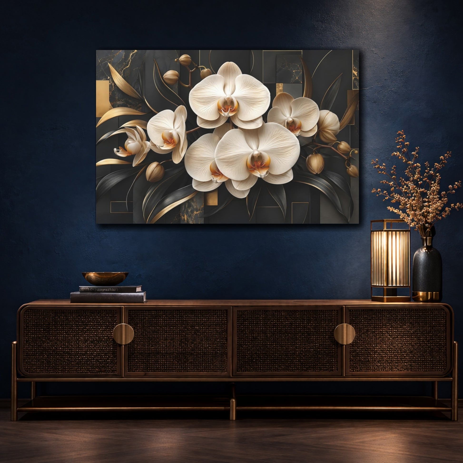 Mockup 4. Floral Orchids Black And Gold shown as stretched canvas wall art