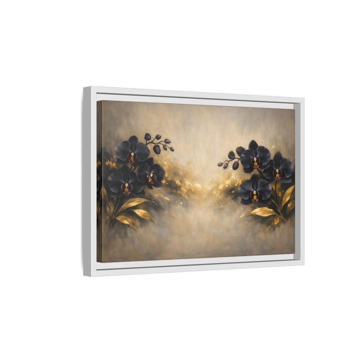 Side Mockup 4. Floral Orchids Black Gold Orchids shown as stretched canvas wall art