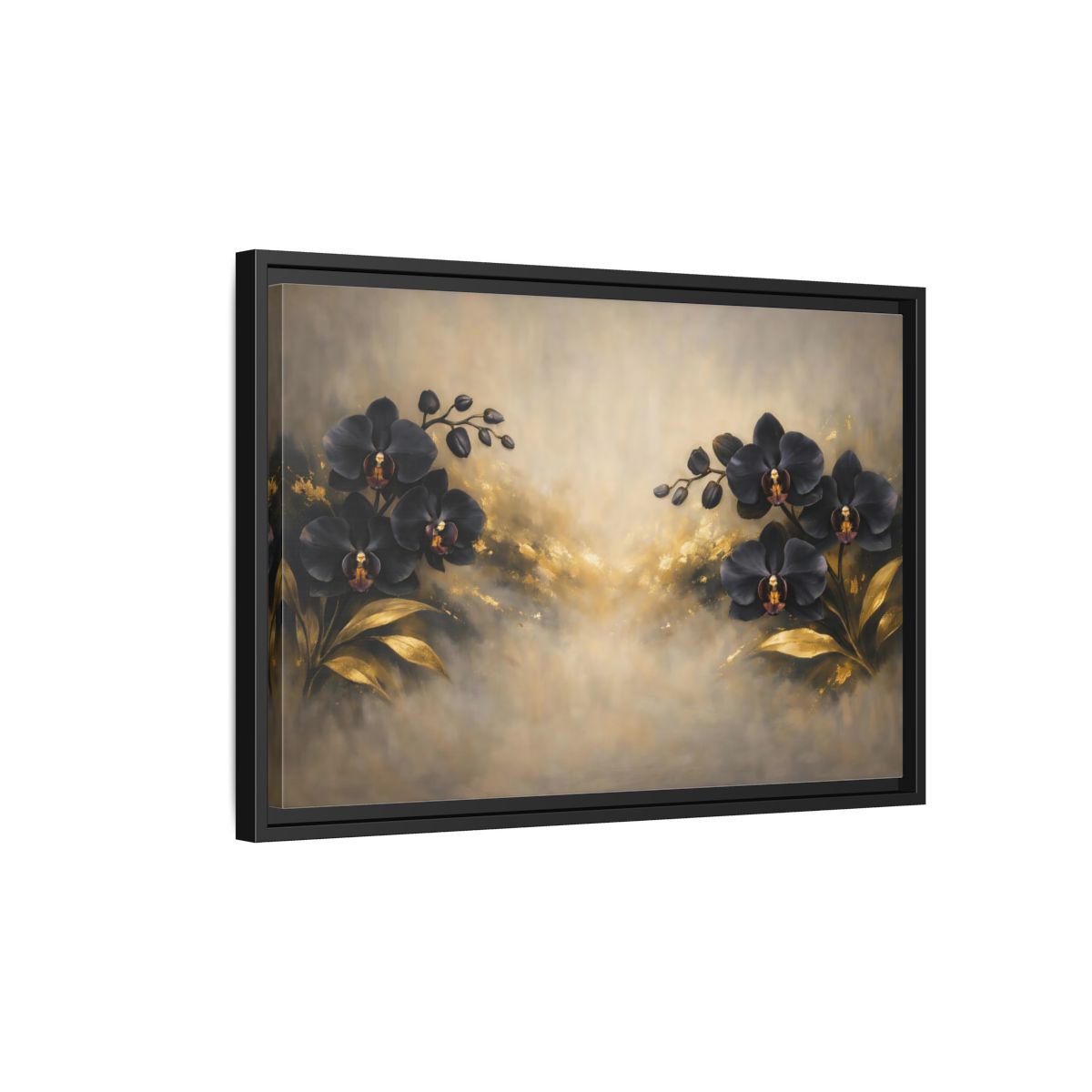 Side Mockup 3. Floral Orchids Black Gold Orchids shown as stretched canvas wall art