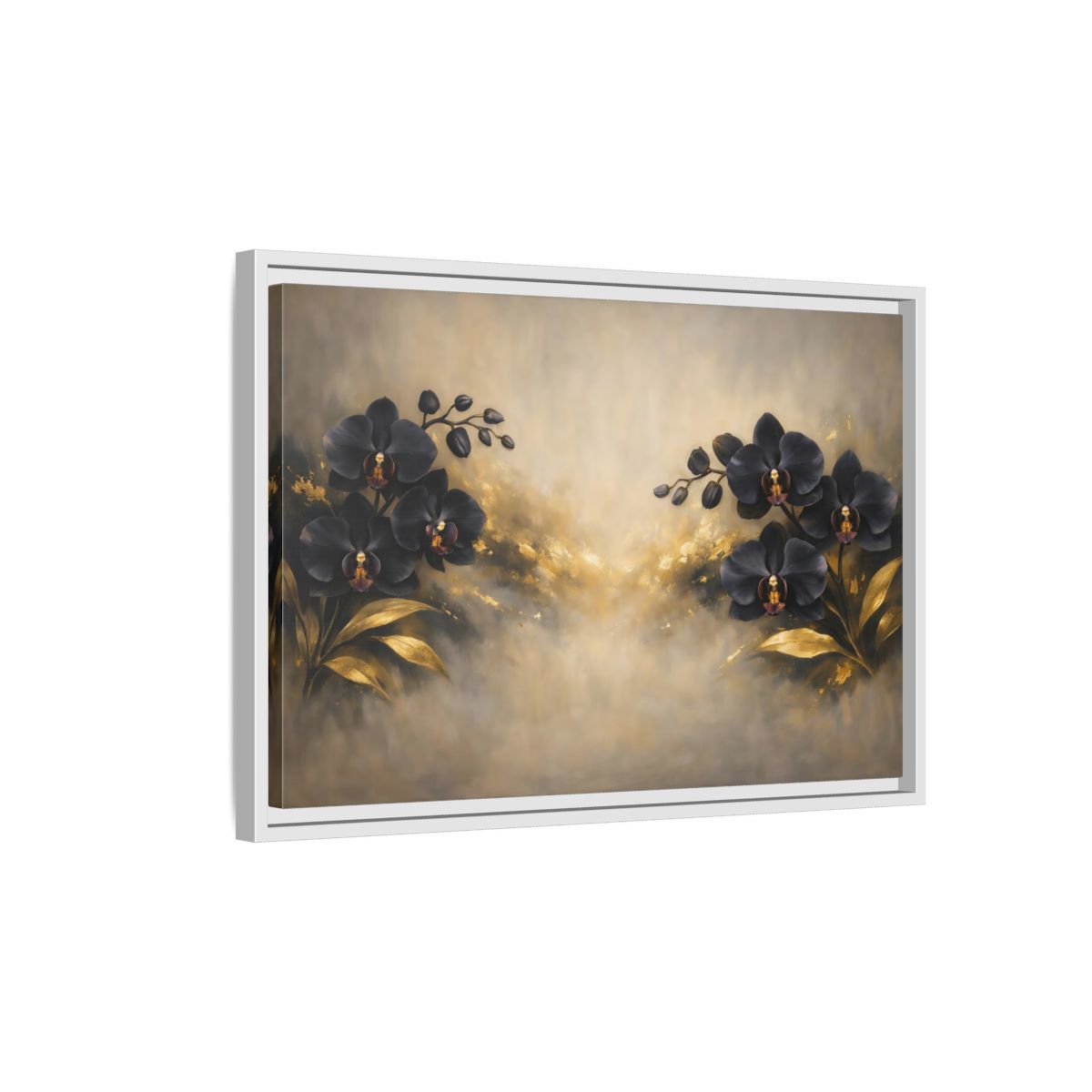 Side Mockup 1. Floral Orchids Black Gold Orchids shown as stretched canvas wall art