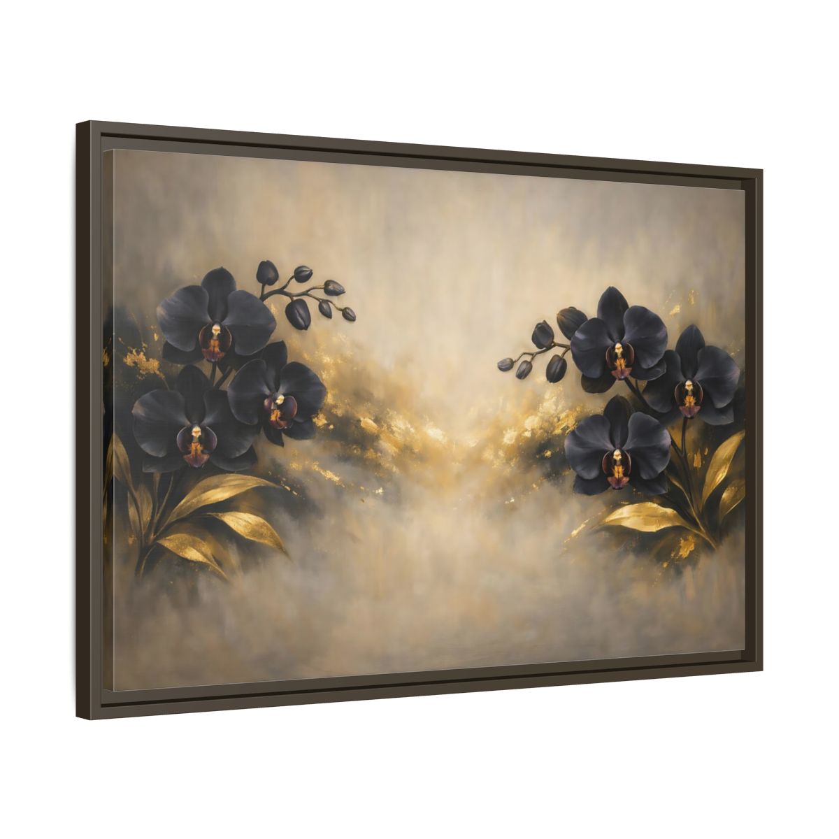 Side Mockup 11. Floral Orchids Black Gold Orchids shown as stretched canvas wall art
