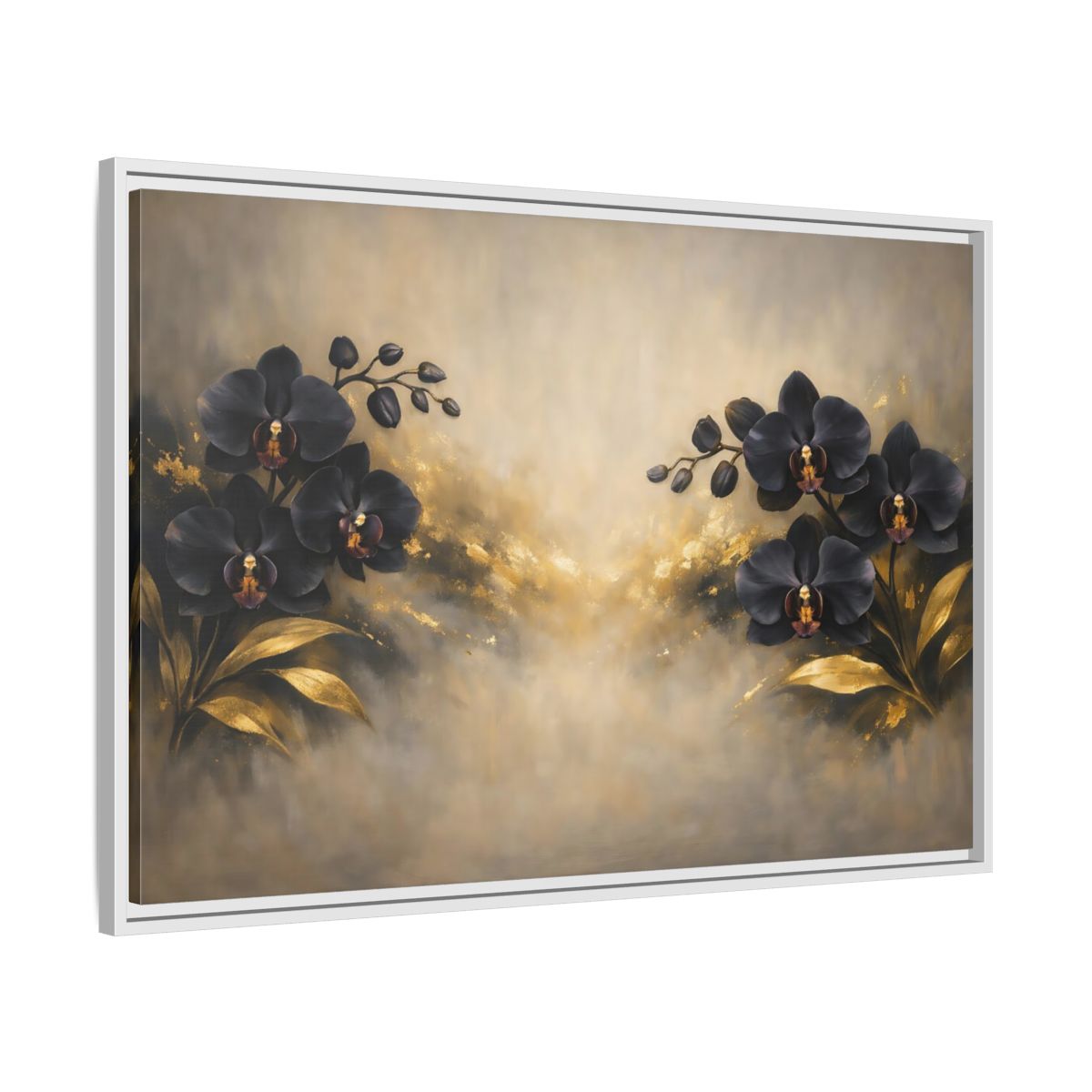 Side Mockup 8. Floral Orchids Black Gold Orchids shown as stretched canvas wall art