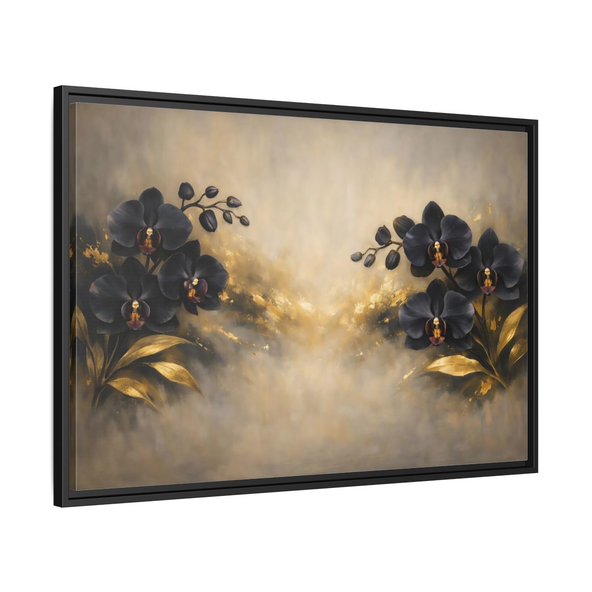 Side Mockup 13. Floral Orchids Black Gold Orchids shown as stretched canvas wall art