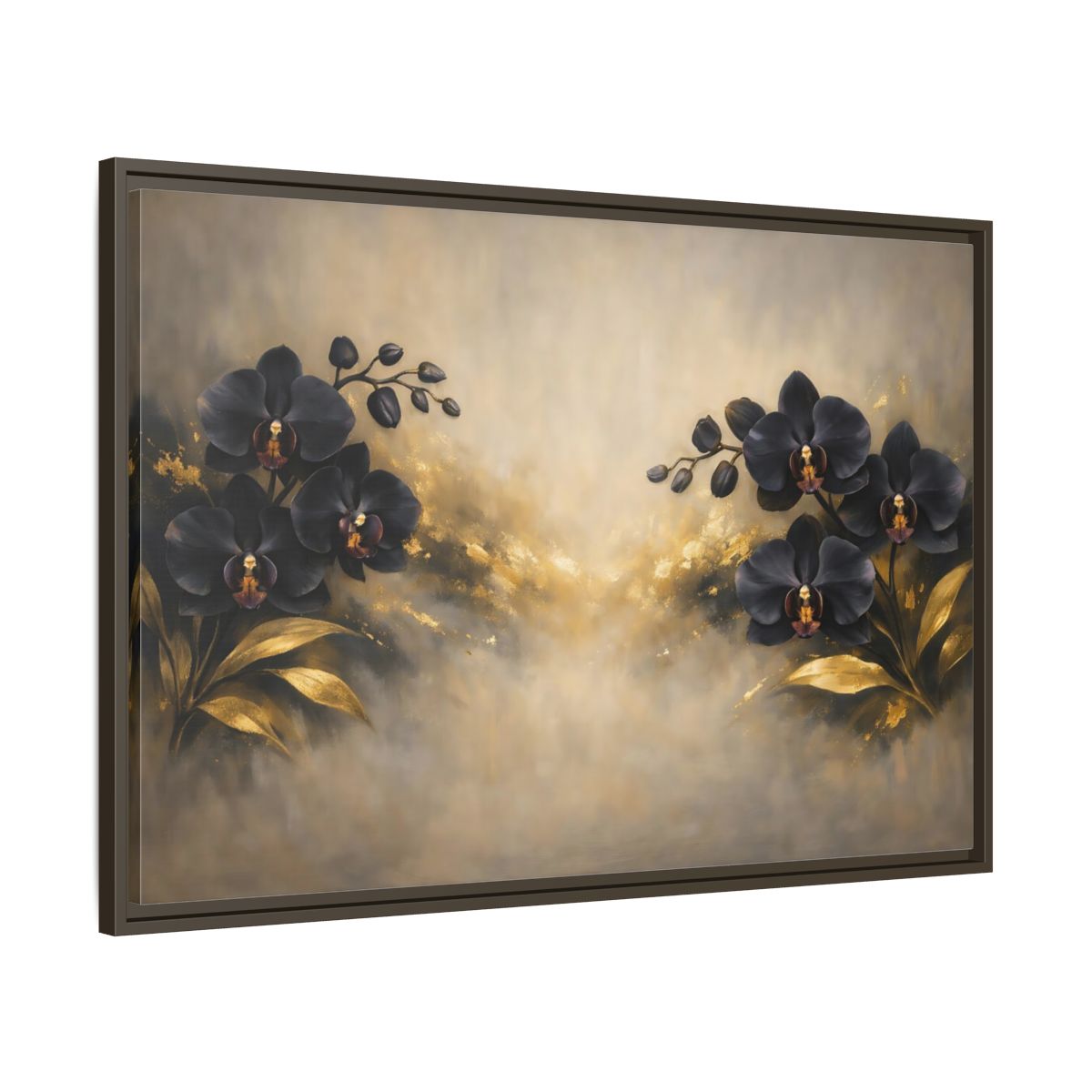 Side Mockup 9. Floral Orchids Black Gold Orchids shown as stretched canvas wall art