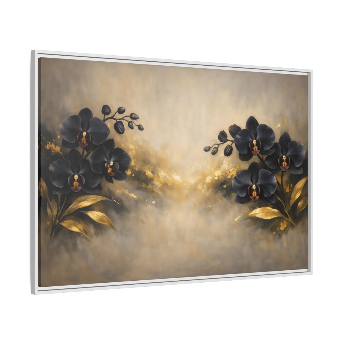 Side Mockup 7. Floral Orchids Black Gold Orchids shown as stretched canvas wall art