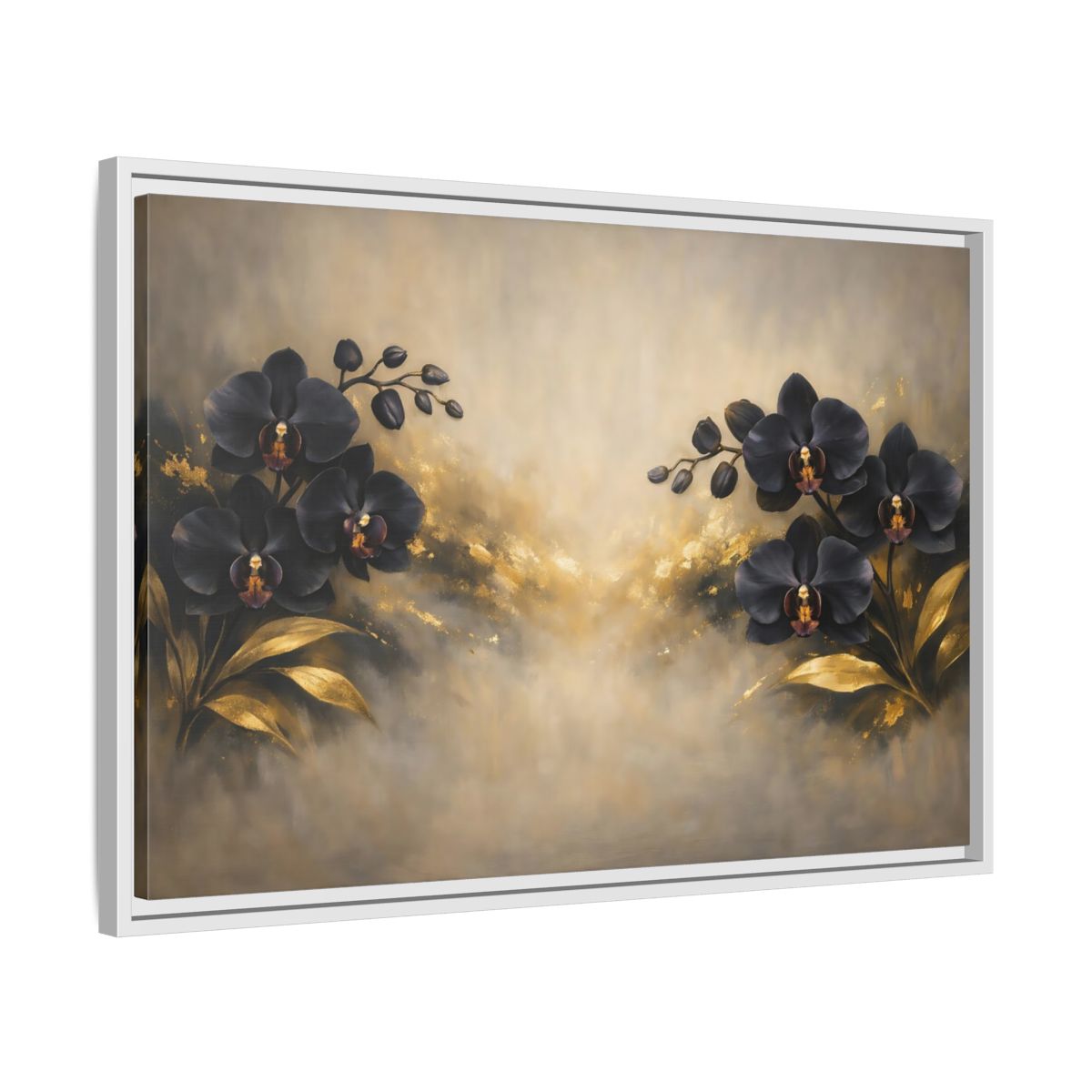 Side Mockup 10. Floral Orchids Black Gold Orchids shown as stretched canvas wall art
