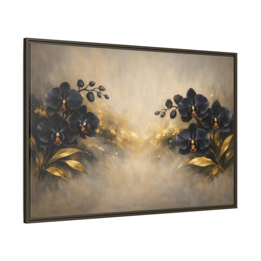 Main Mockup. Floral Orchids Black Gold Orchids shown as stretched canvas wall art