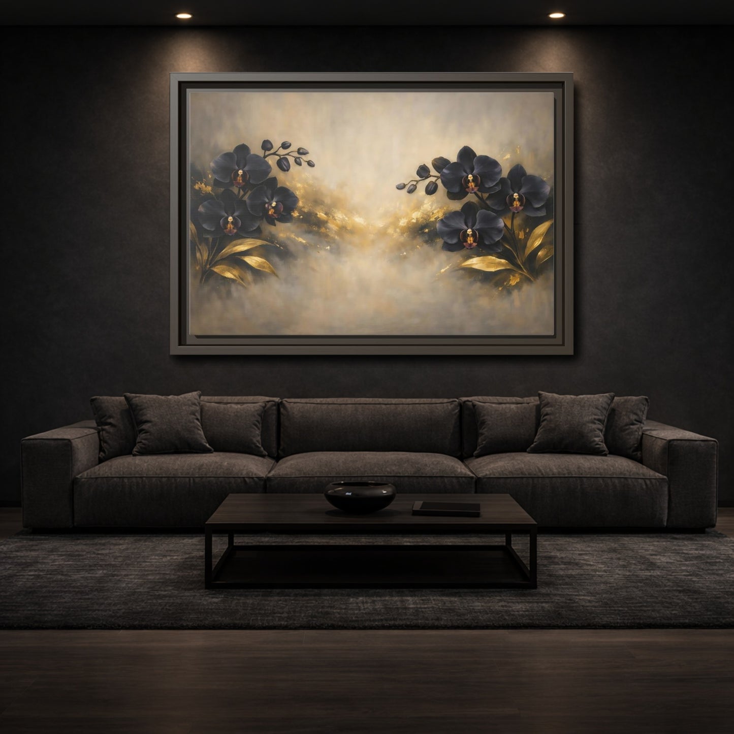 Mockup 2. Floral Orchids Black Gold Orchids shown as stretched canvas wall art