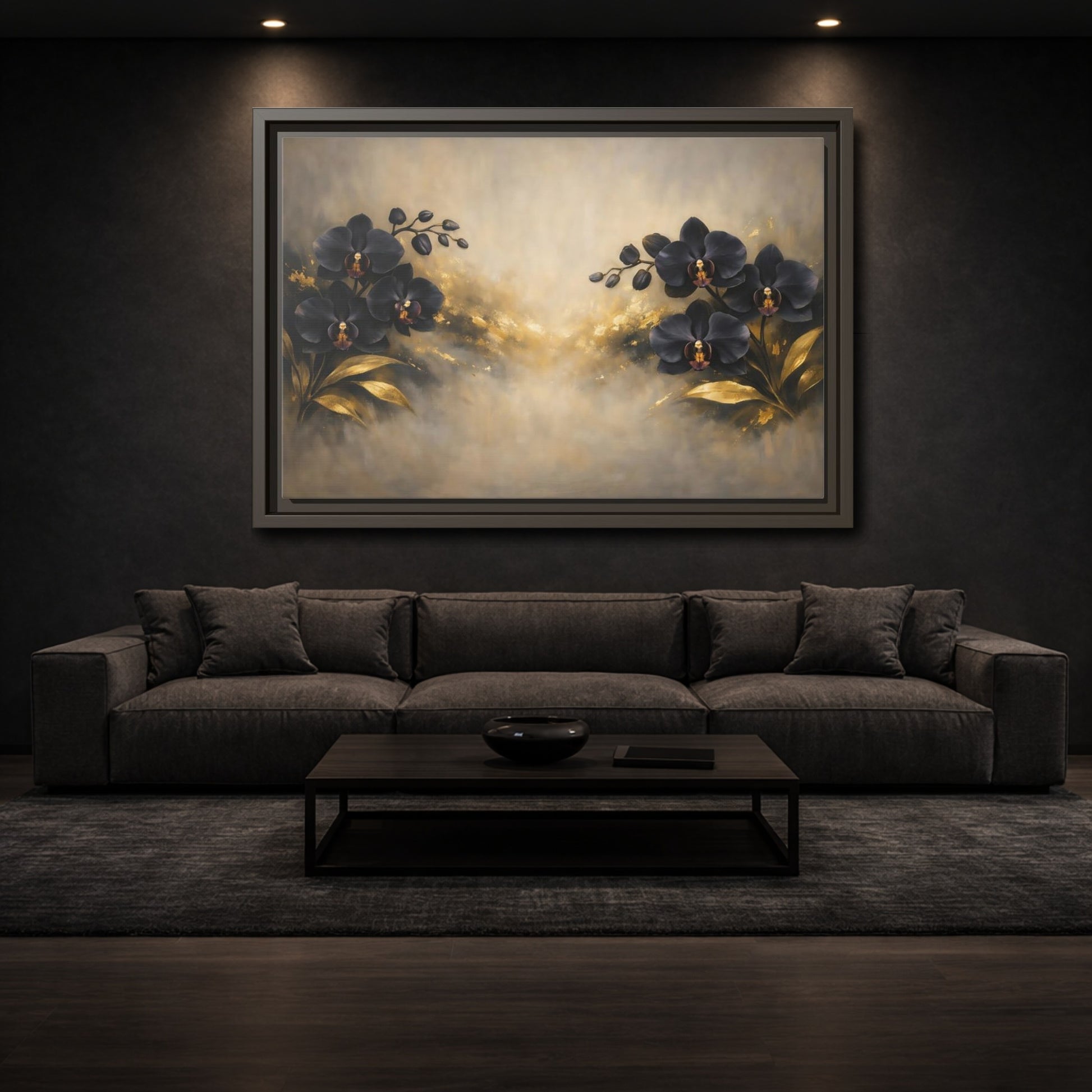 Mockup 2. Floral Orchids Black Gold Orchids shown as stretched canvas wall art