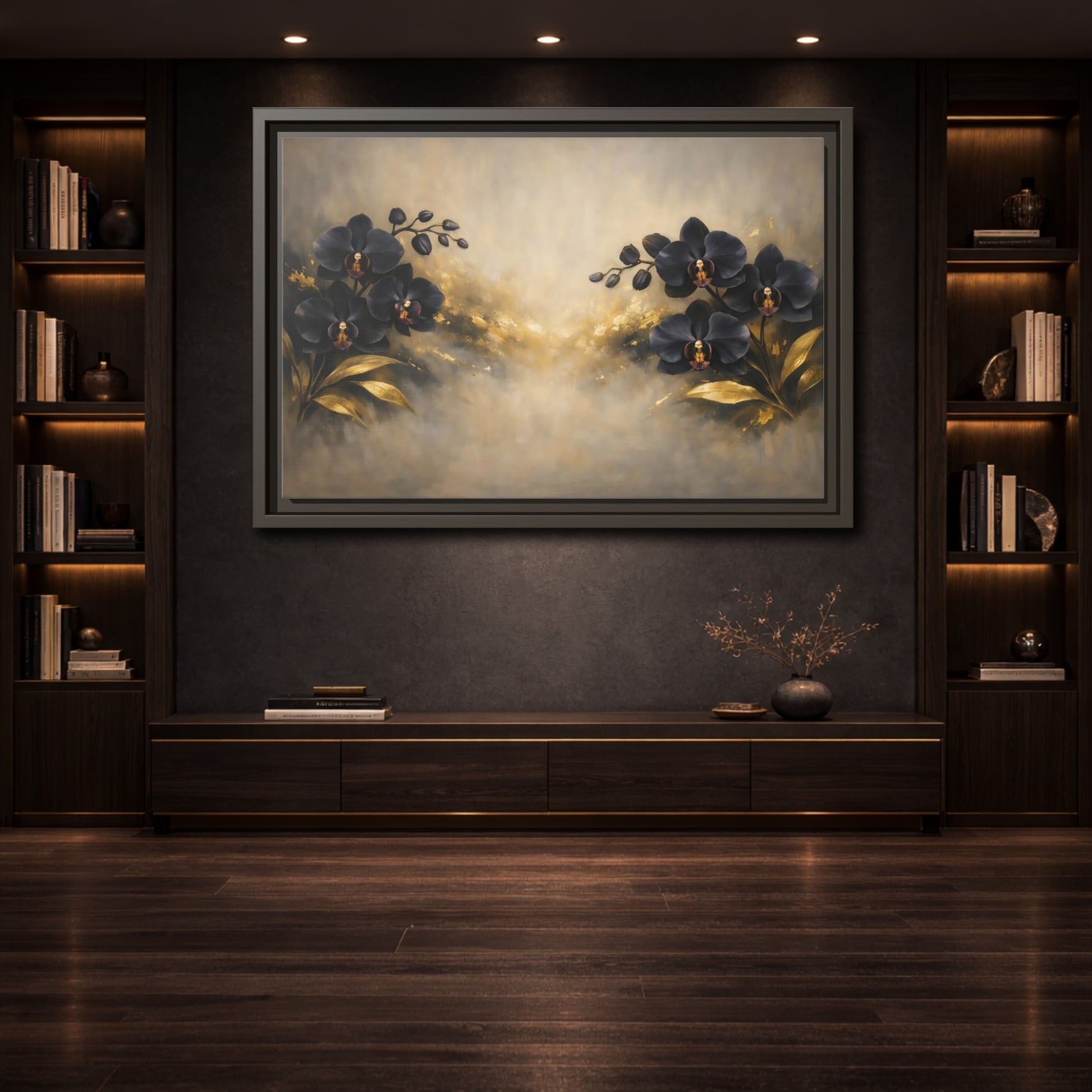 Mockup 3. Floral Orchids Black Gold Orchids shown as stretched canvas wall art