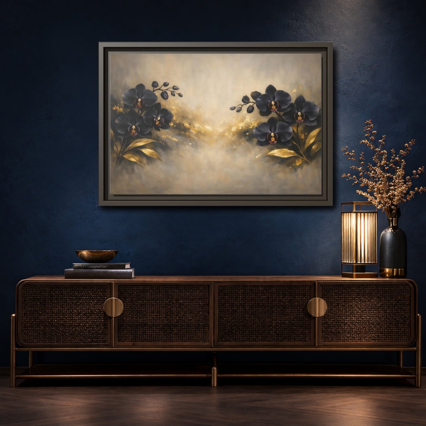 Mockup 4. Floral Orchids Black Gold Orchids shown as stretched canvas wall art