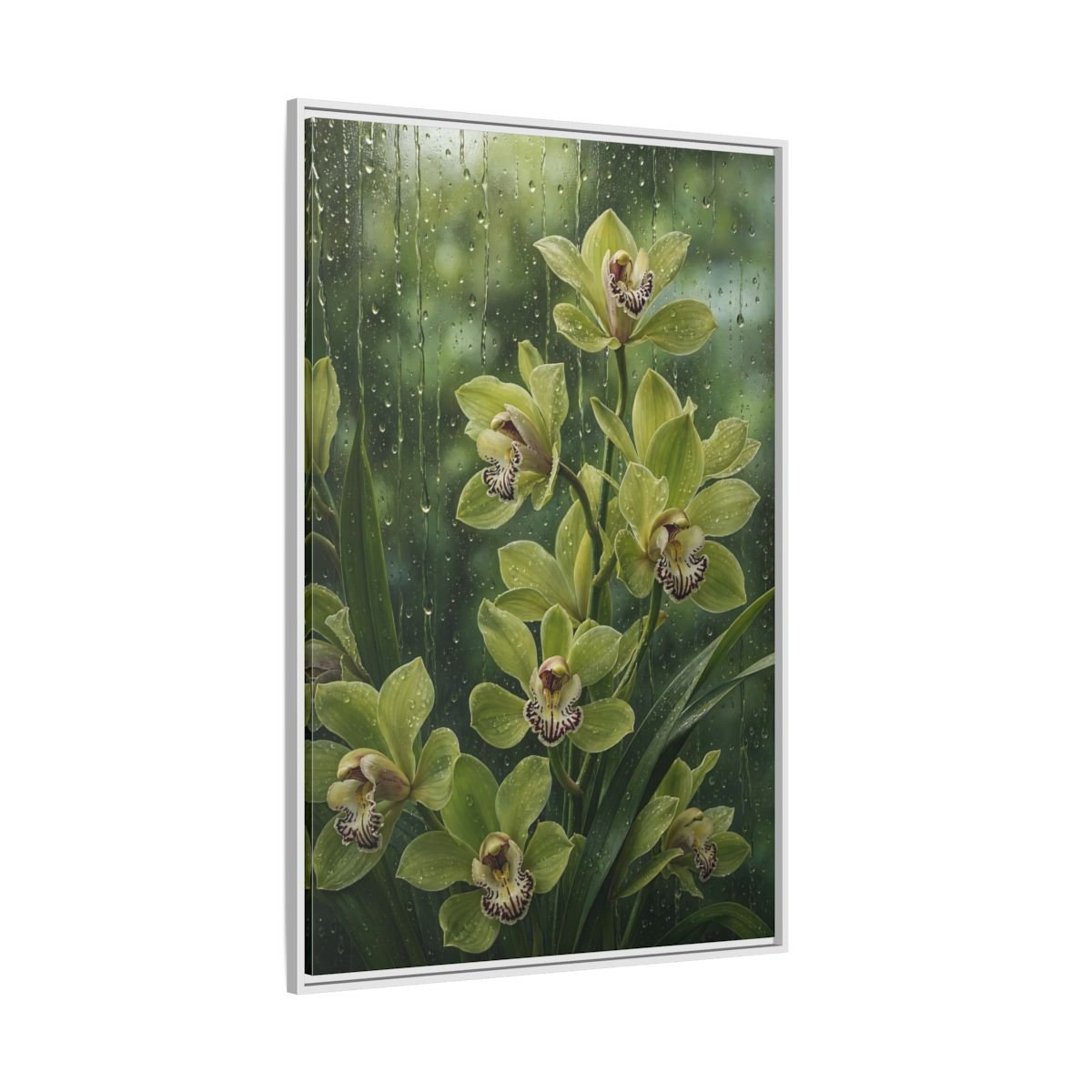 Floral Orchids Green Framed Canvas Print – Living Room, Above Fireplace - YesArtYes