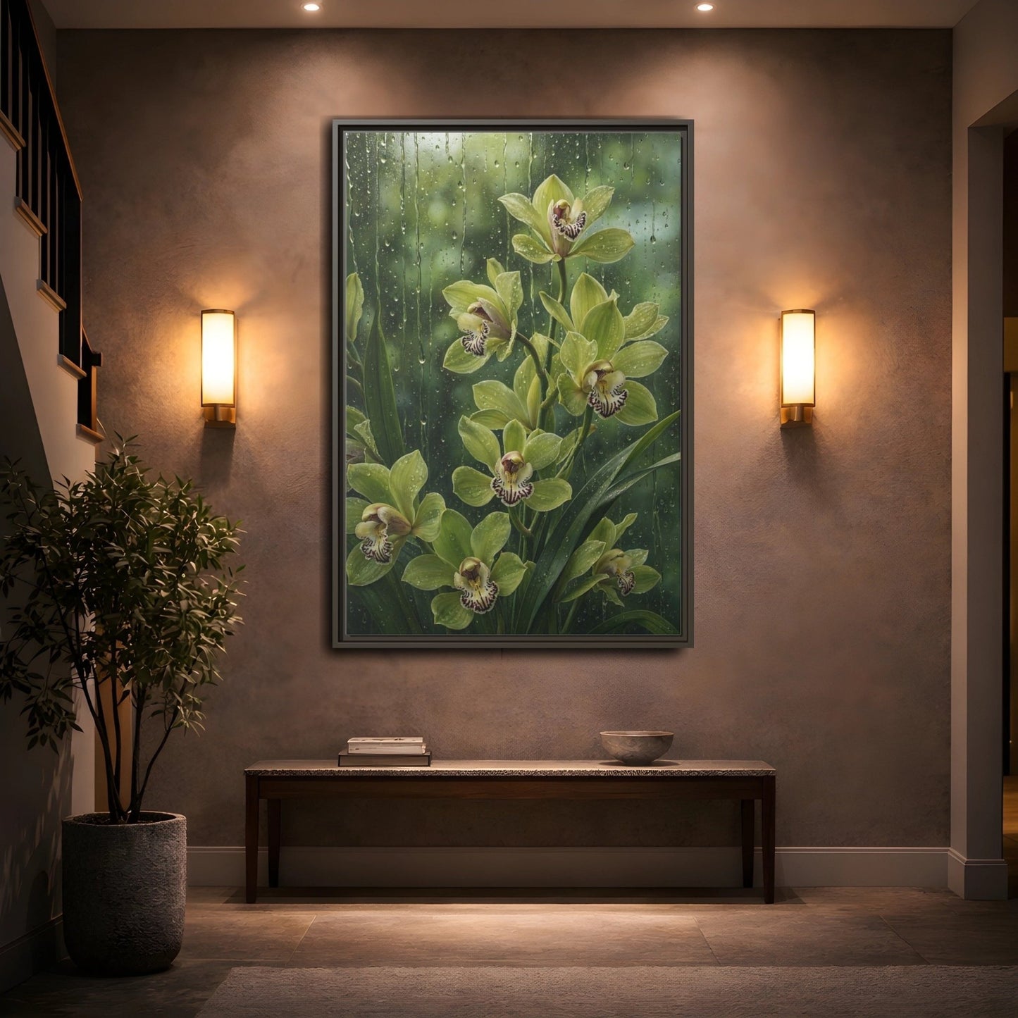Floral Orchids Green Framed Canvas Print – Living Room, Above Fireplace - YesArtYes