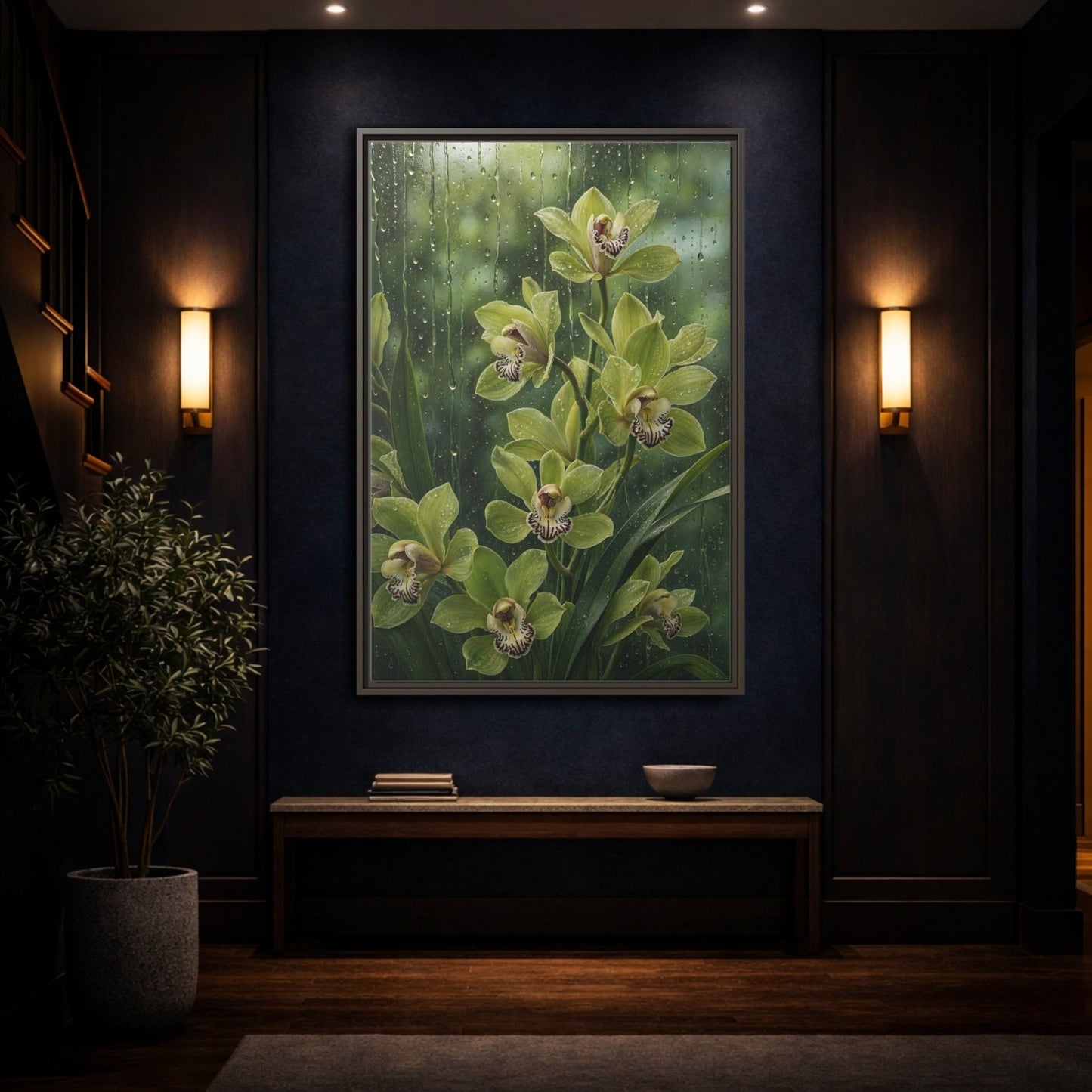 Floral Orchids Green Framed Canvas Print – Living Room, Above Fireplace - YesArtYes