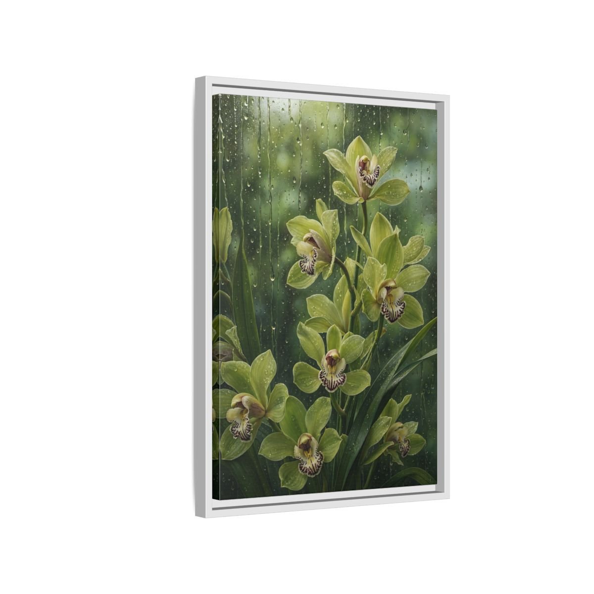 Floral Orchids Green Framed Canvas Print – Living Room, Above Fireplace - YesArtYes