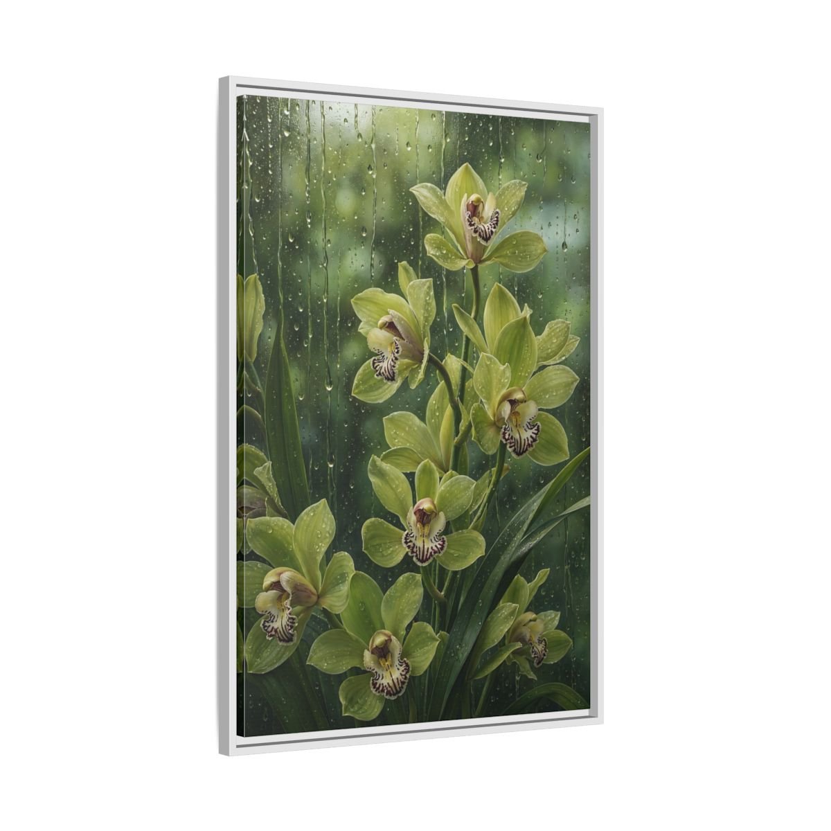 Floral Orchids Green Framed Canvas Print – Living Room, Above Fireplace - YesArtYes