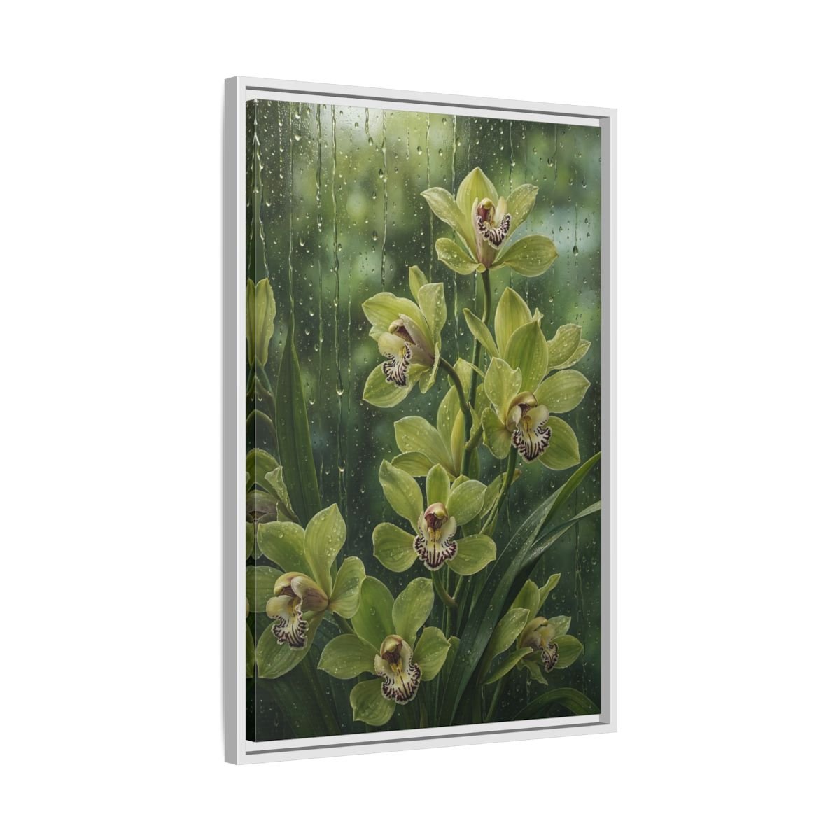 Floral Orchids Green Framed Canvas Print – Living Room, Above Fireplace - YesArtYes