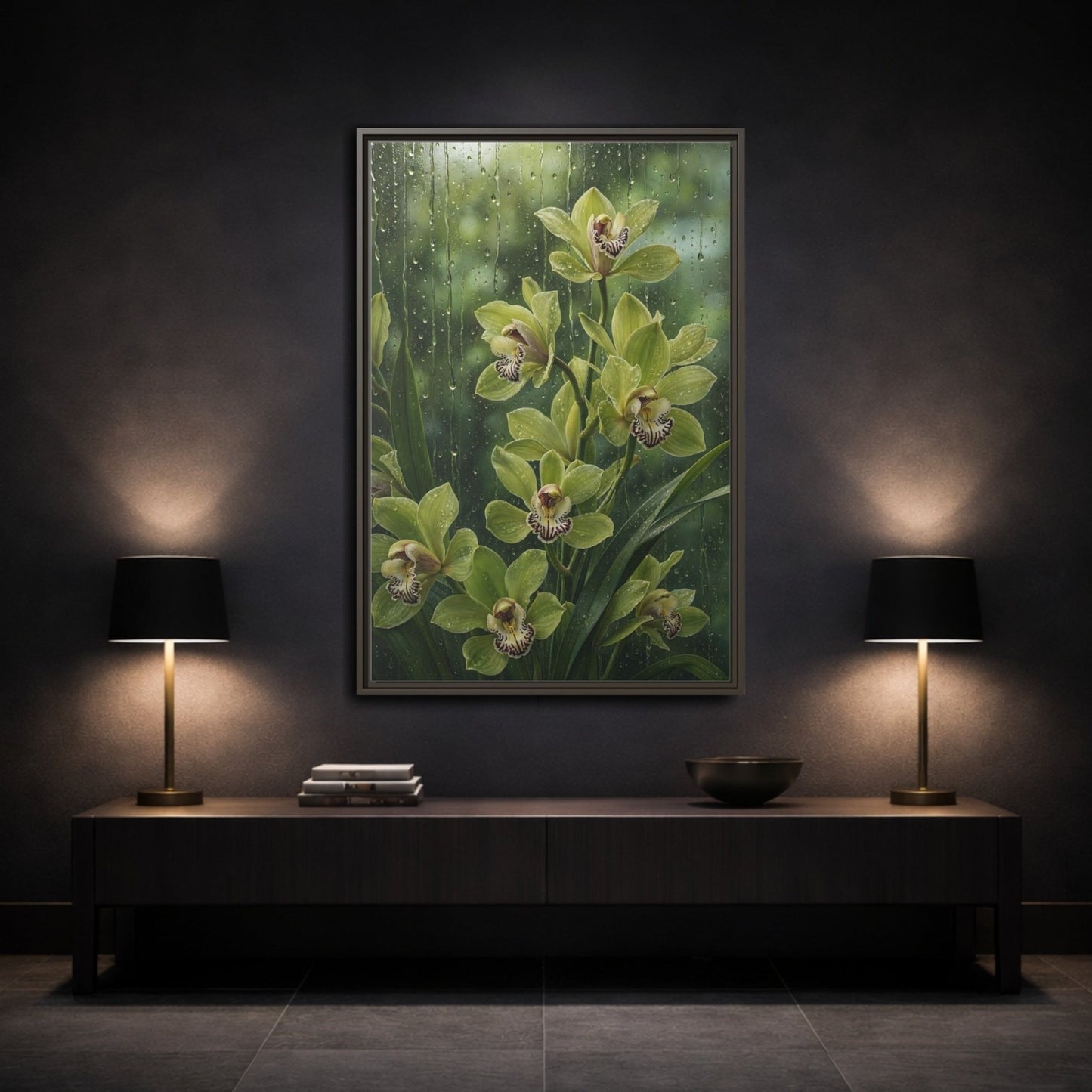 Floral Orchids Green Framed Canvas Print – Living Room, Above Fireplace - YesArtYes