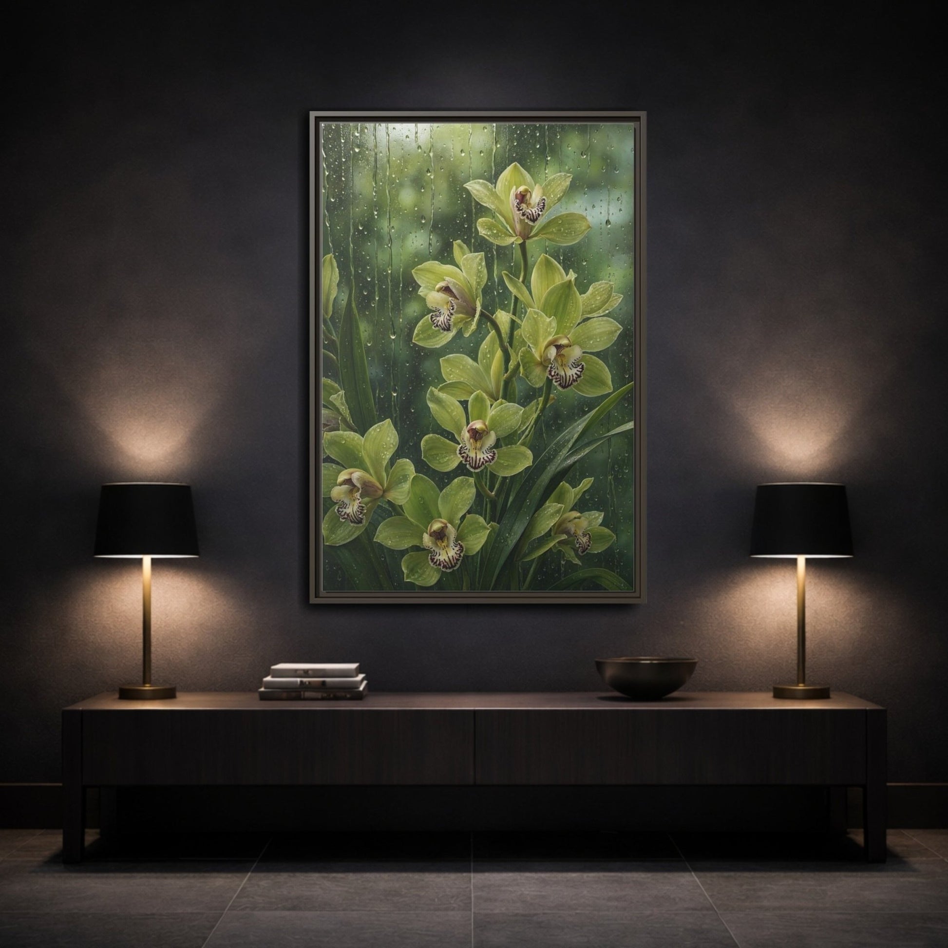 Floral Orchids Green Framed Canvas Print – Living Room, Above Fireplace - YesArtYes