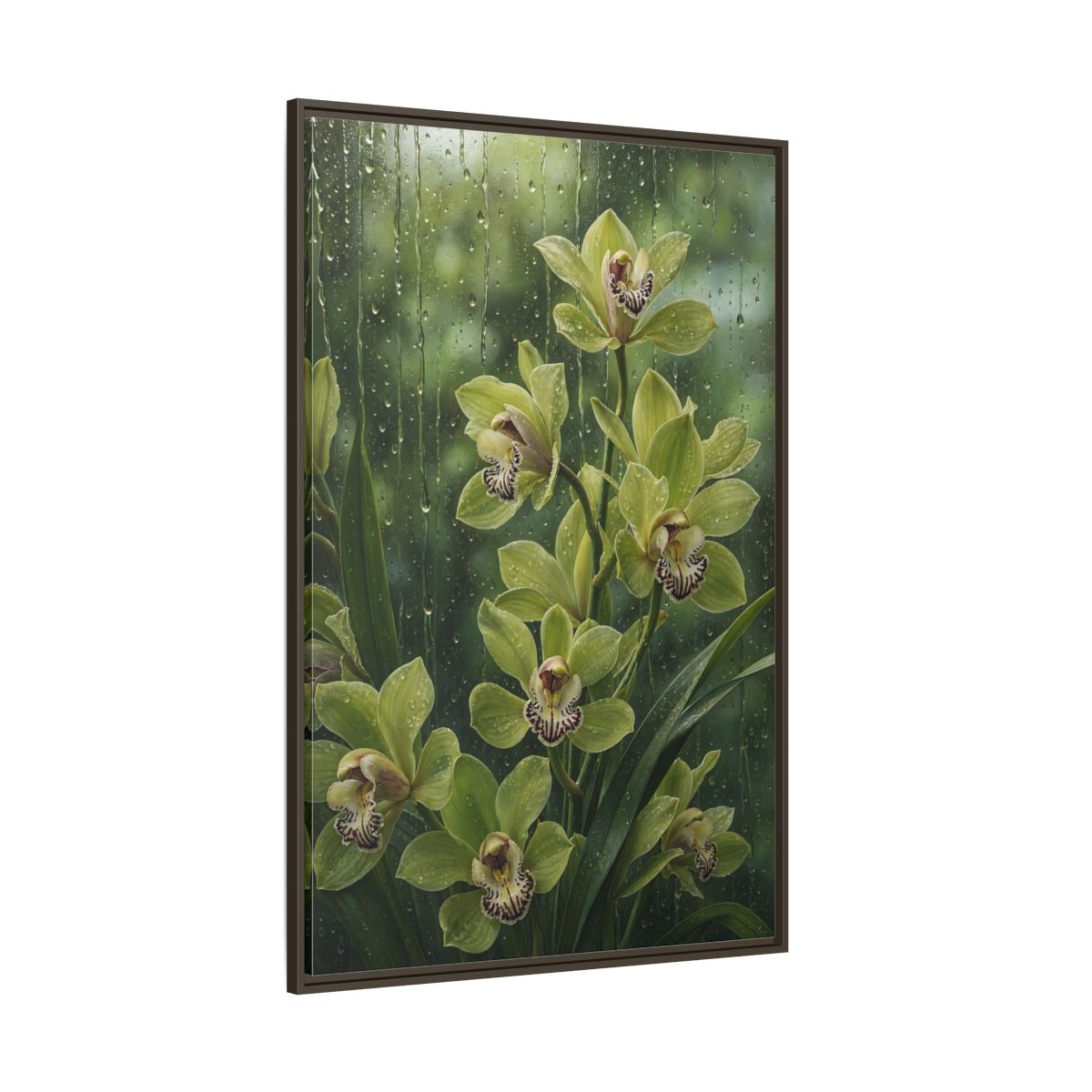 Side Mockup 8. Floral Orchids Green Orchids shown as framed canvas print