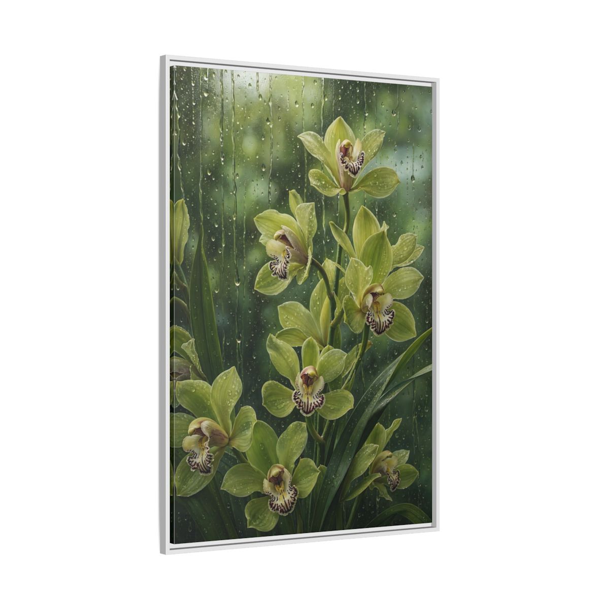 Side Mockup 7. Floral Orchids Green Orchids shown as framed canvas print