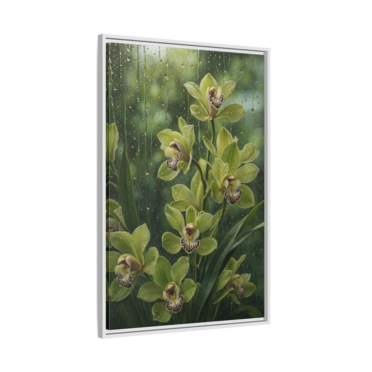 Side Mockup 9. Floral Orchids Green Orchids shown as framed canvas print