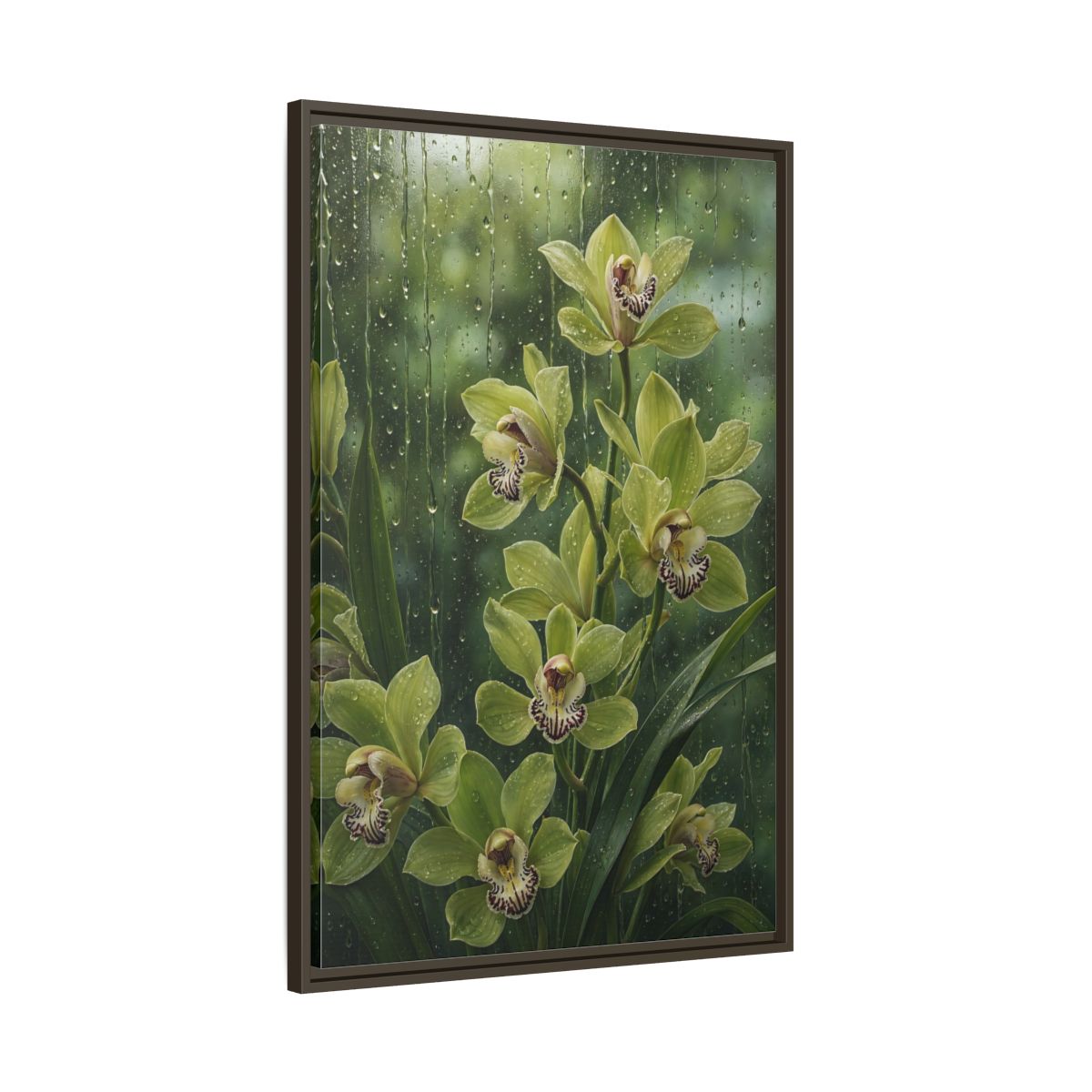Main Mockup. Floral Orchids Green Orchids shown as framed canvas print