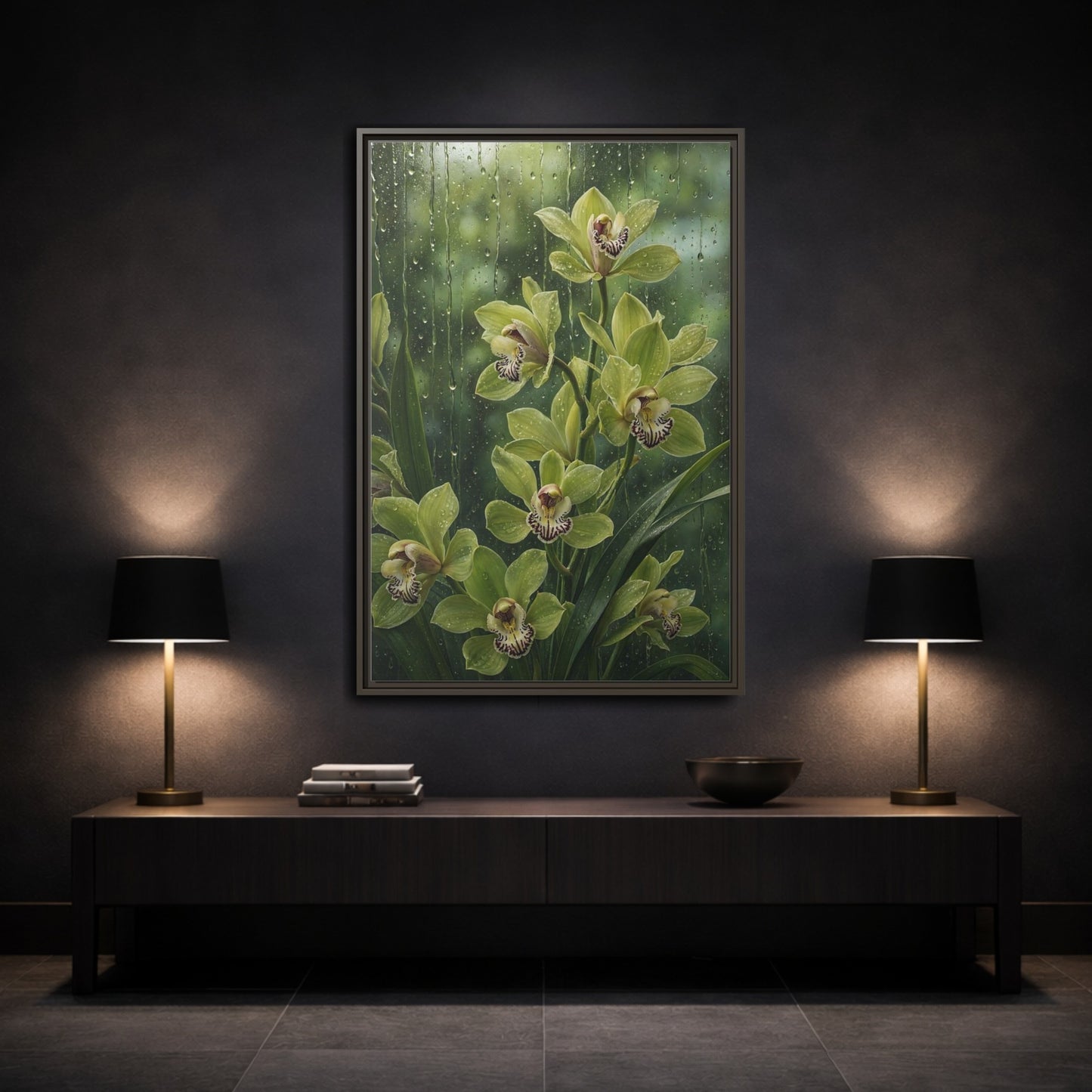 Mockup 3. Floral Orchids Green Orchids shown as framed canvas print