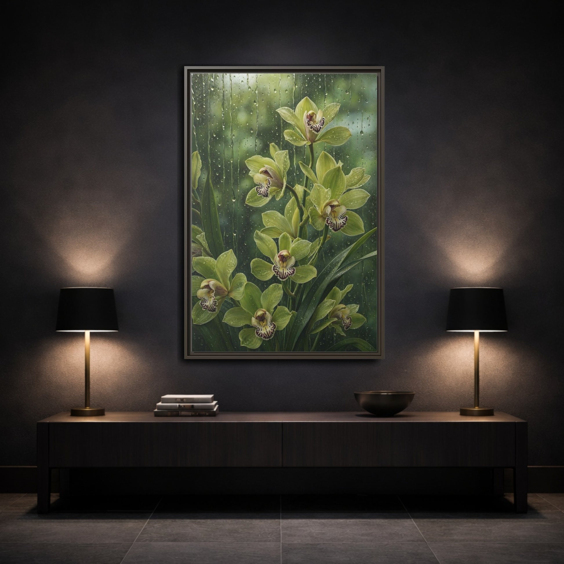 Mockup 3. Floral Orchids Green Orchids shown as framed canvas print