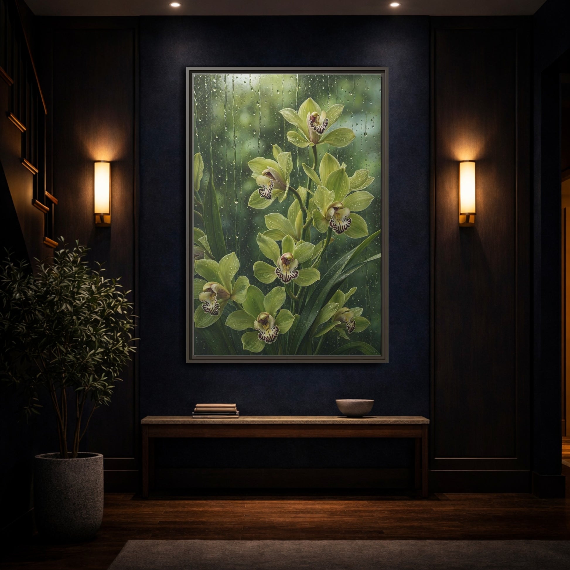 Mockup 4. Floral Orchids Green Orchids shown as framed canvas print