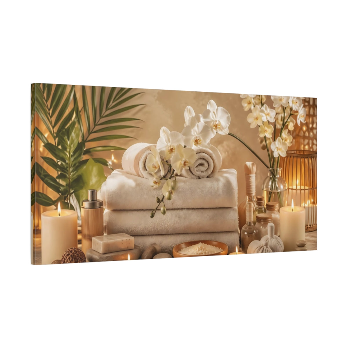 Main Mockup. Floral Orchids Neutral Spa Decor shown as stretched canvas wall art