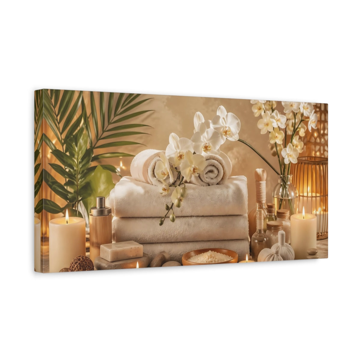 Side Mockup 3. Floral Orchids Neutral Spa Decor shown as stretched canvas wall art