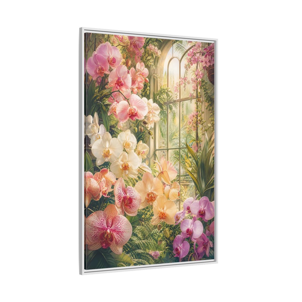 Side Mockup 7. Floral Orchids Pink Orchid Greenhouse shown as framed canvas print