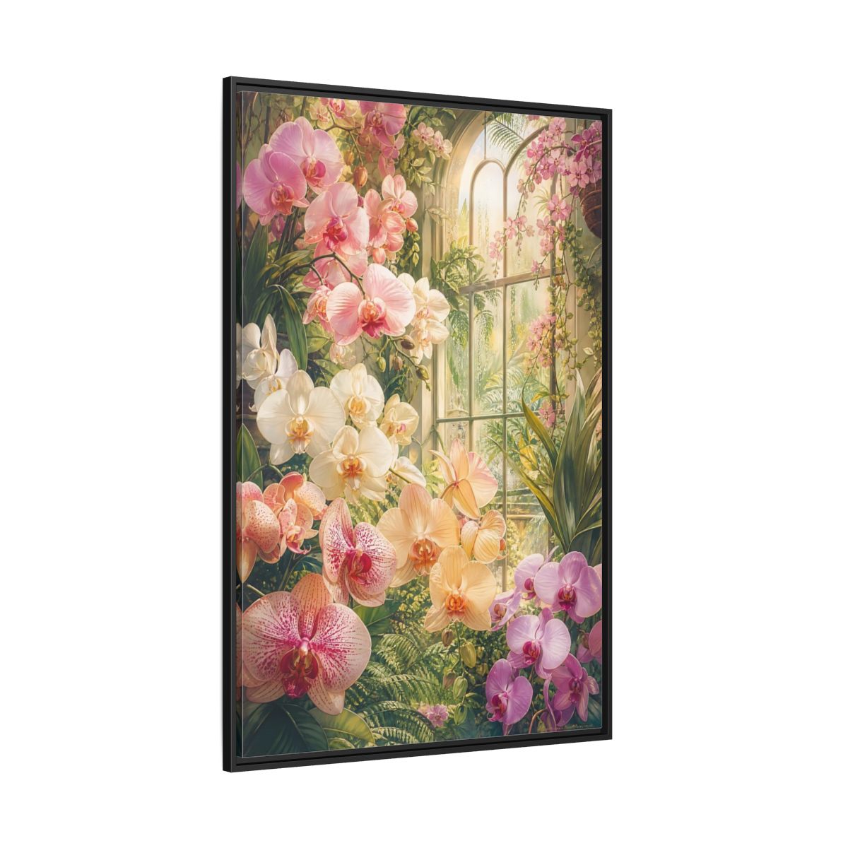 Side Mockup 12. Floral Orchids Pink Orchid Greenhouse shown as framed canvas print