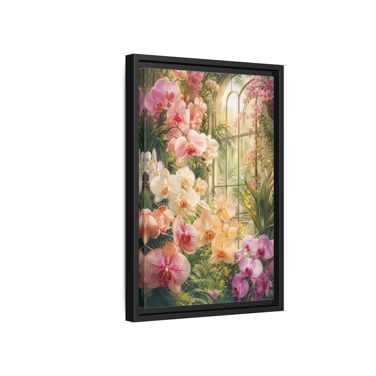 Side Mockup 6. Floral Orchids Pink Orchid Greenhouse shown as framed canvas print