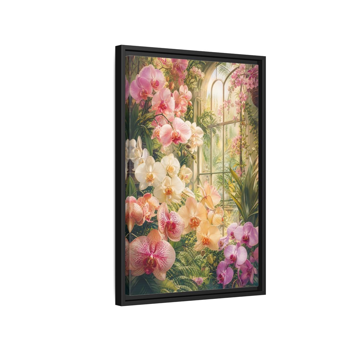 Side Mockup 3. Floral Orchids Pink Orchid Greenhouse shown as framed canvas print