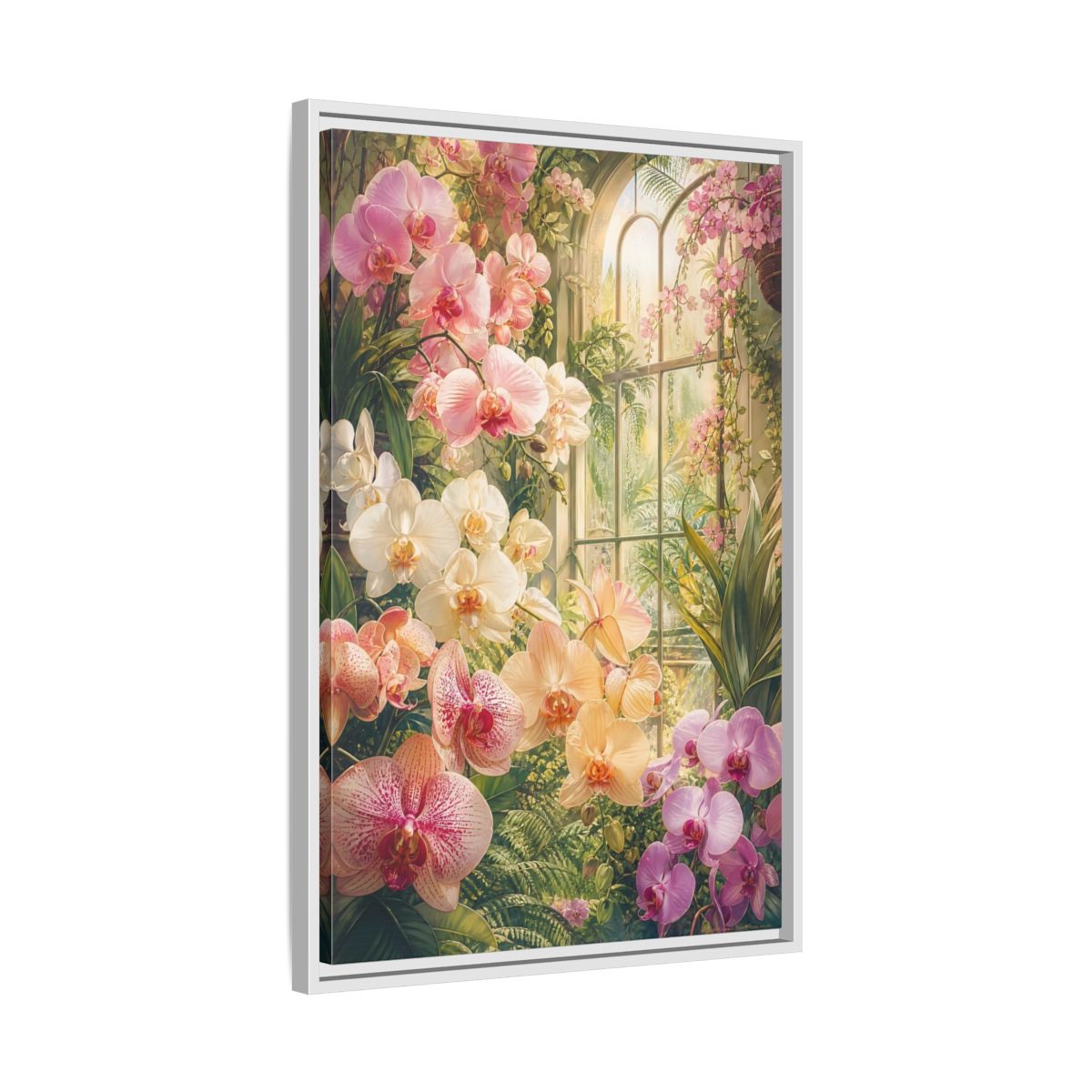 Side Mockup 10. Floral Orchids Pink Orchid Greenhouse shown as framed canvas print