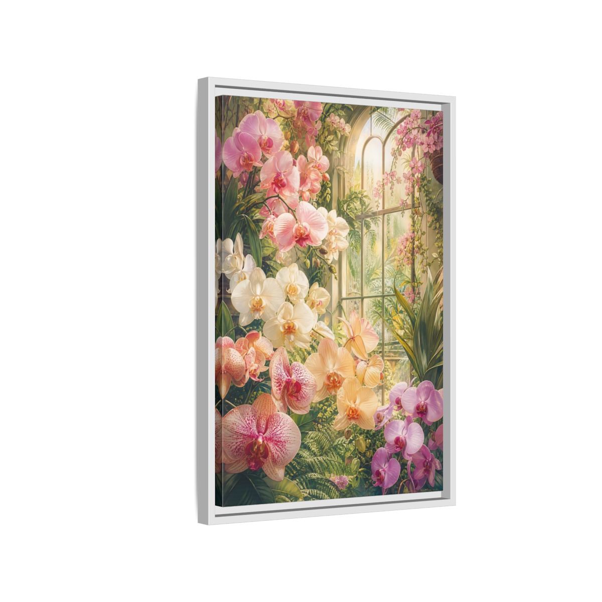 Side Mockup 1. Floral Orchids Pink Orchid Greenhouse shown as framed canvas print