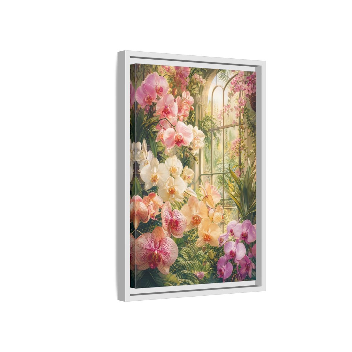 Side Mockup 4. Floral Orchids Pink Orchid Greenhouse shown as framed canvas print