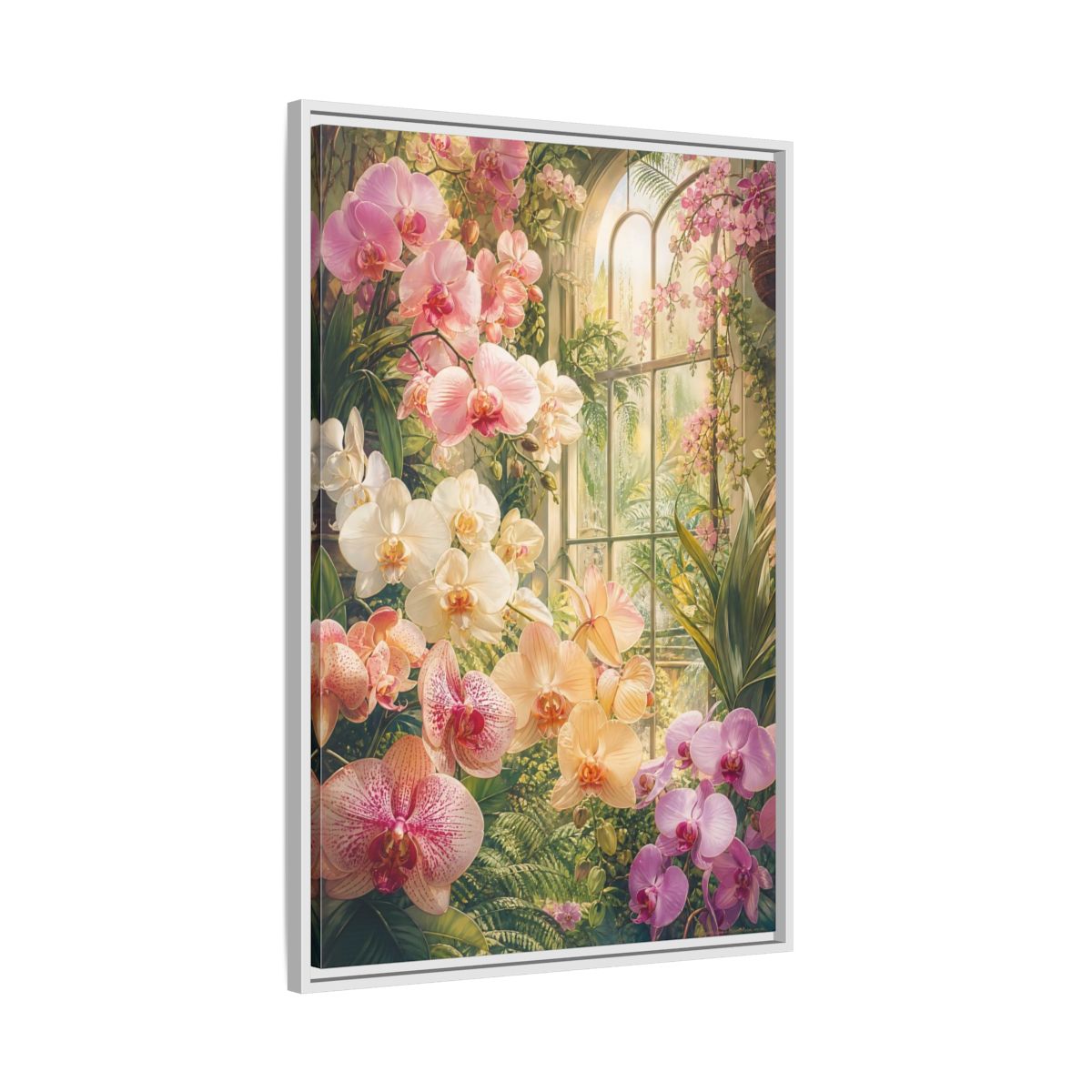 Side Mockup 9. Floral Orchids Pink Orchid Greenhouse shown as framed canvas print