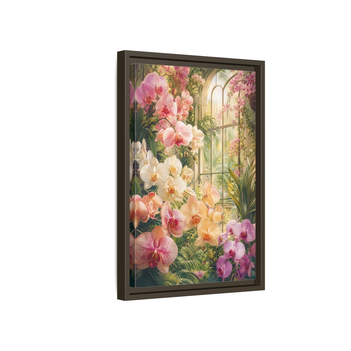 Side Mockup 5. Floral Orchids Pink Orchid Greenhouse shown as framed canvas print