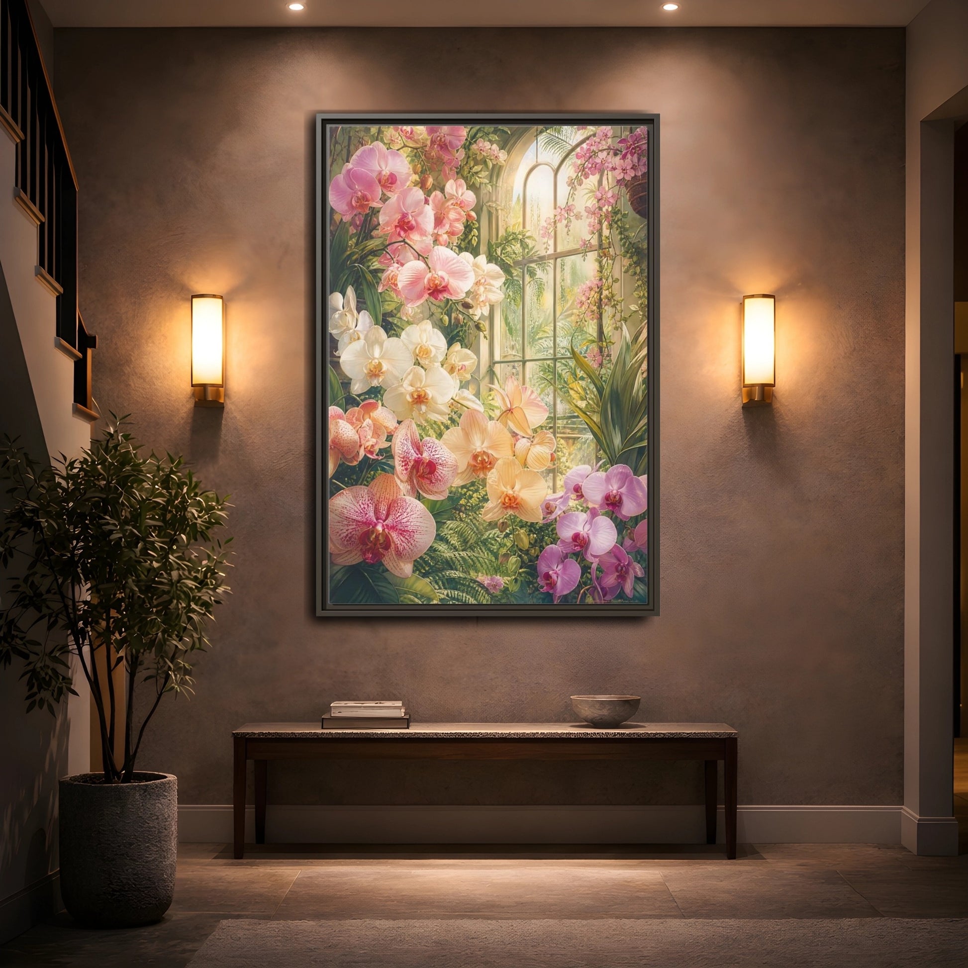 Mockup 2. Floral Orchids Pink Orchid Greenhouse shown as framed canvas print