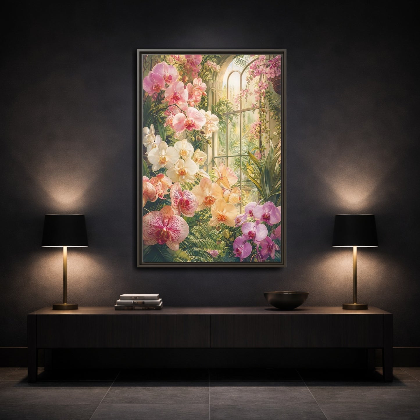 Mockup 3. Floral Orchids Pink Orchid Greenhouse shown as framed canvas print
