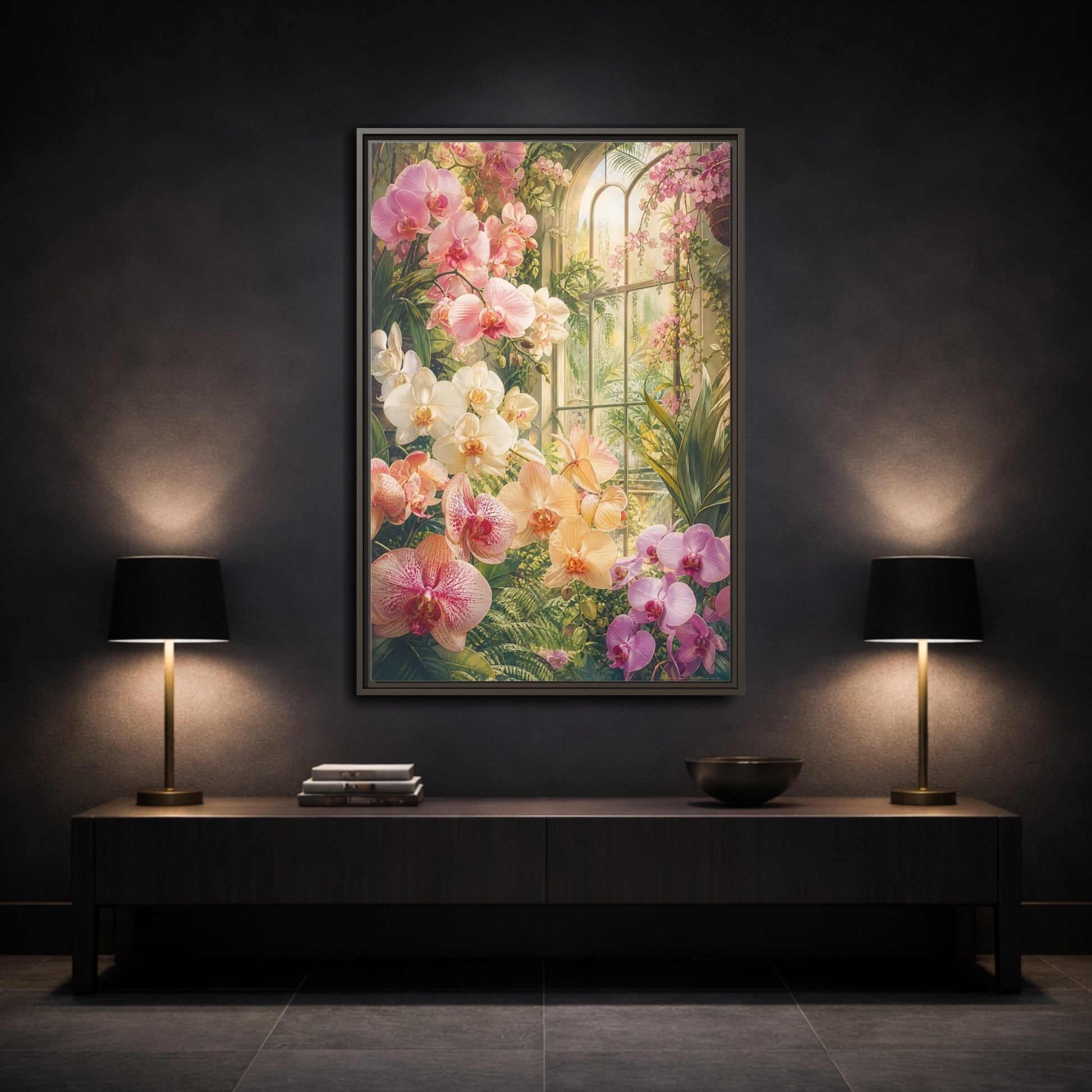 Mockup 3. Floral Orchids Pink Orchid Greenhouse shown as framed canvas print